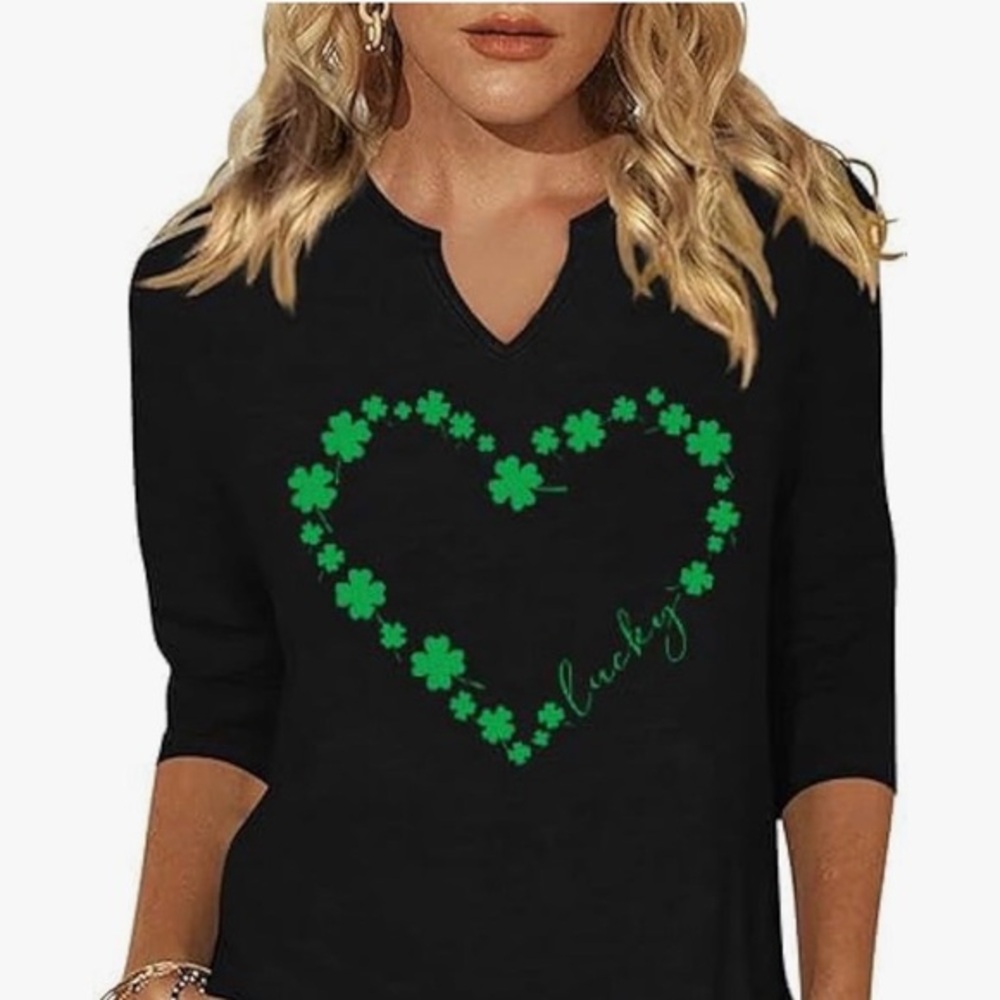 St. Patrick’s Day Black Top with Green Shamrock Heart Design clover